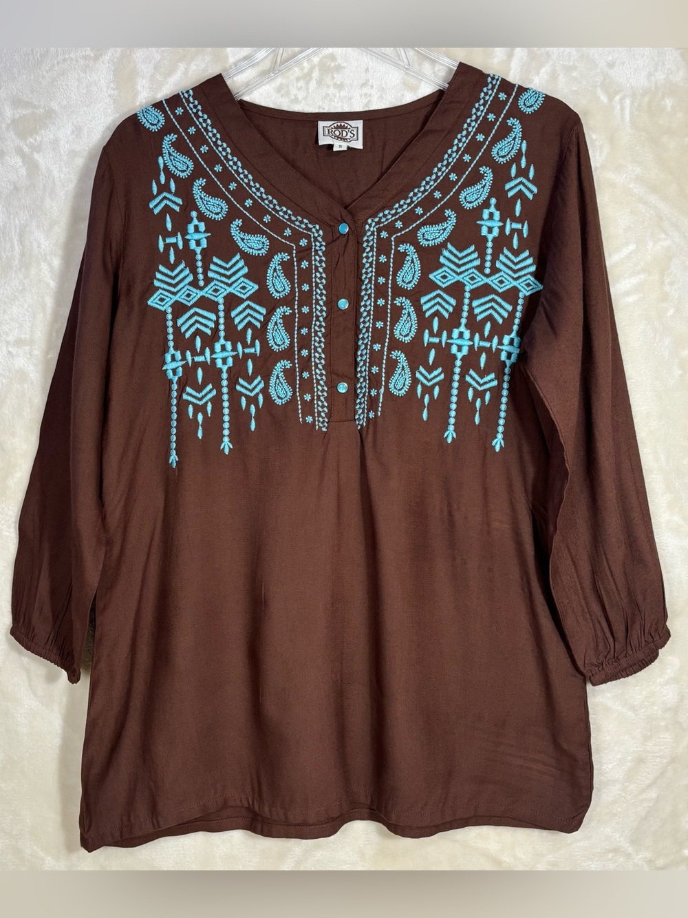 Rod’s Western Wear Brown Turquoise Embroidered Southwestern Tunic Top Size S